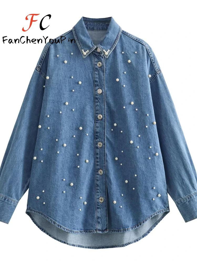 Spring Women\'s Shirt 2024 New Highstreet Long Sleeved Loose Denim Tops Fashion Casual Office Lady Exquisite Beaded Blouse Female