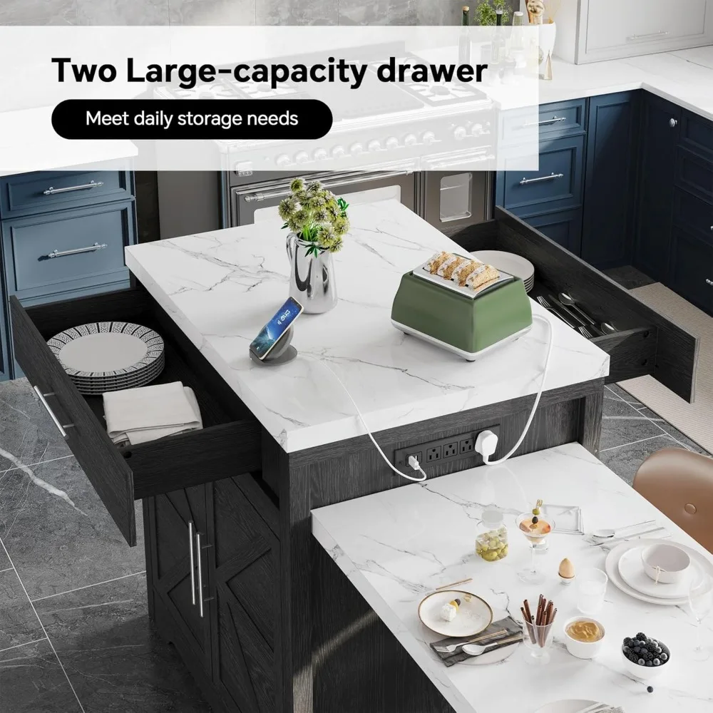 جزيرة المطبخ المتدحرجة على طراز المزرعة مع طاولة قابلة للتمديد لـ 4-6 مقاعد وتخزين وحامل زجاجي للنبيذ #4