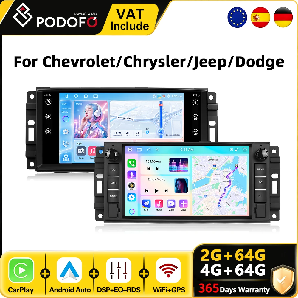 Podofo Android Autoradio 2 Din 4G+64G 7 Zoll für Chevrolet/Chrysler/Jeep/Dodge Autoradio mit WLAN, GPS-Navigation, intelligentes Autosystem, CarPlay, Android Auto, Head Unit, BT, FM, Autoradio