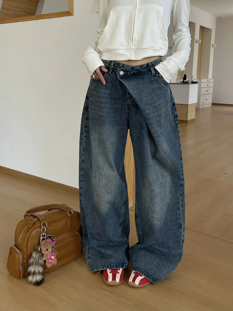 

Женские джинсы с высокой талией и широкими штанинами, рваные, асимметричные, свободного кроя, из денима, для осеннего сезона