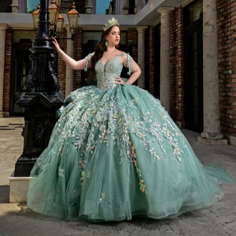 

Mint Green Shiny Quinceanera Dresses Ball Gown Off The Shoulder Applique Lace Beads Tull Corset Party Birthday Sweet 16 Dress