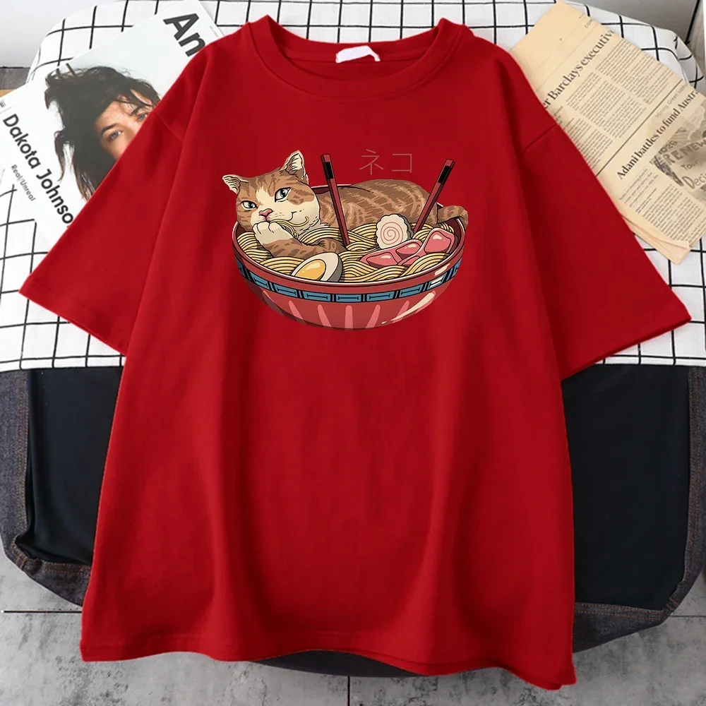 Camiseta con estampado de gatos como fideos para mujer, ropa informal Harajuku con cuello redondo, camisetas transpirables de matemáticas para mujer