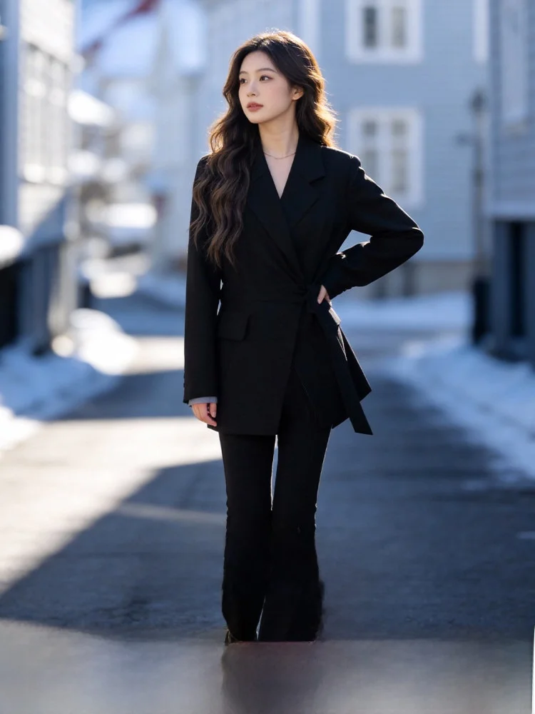 

Модный костюм-двойка миди больших размеров для женщин, весна 2026: стильная верхняя одежда и брюки с высокой талией из смесового полиэстера