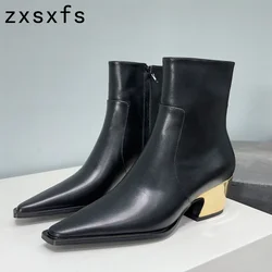 Hot Black Genuine Leather Ankle Chelsea Boots For Women Square Gold Heel Short Party Boots Women Autumn Brand Motorcycle Boots