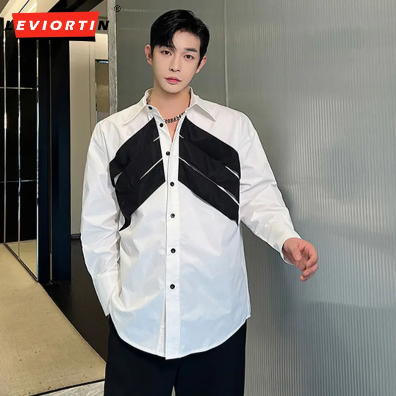 Camisas de retazos de bloques de Color para hombres, blusa con botones de manga larga con solapa, ropa de calle, camisa holgada informal de otoño Unisex