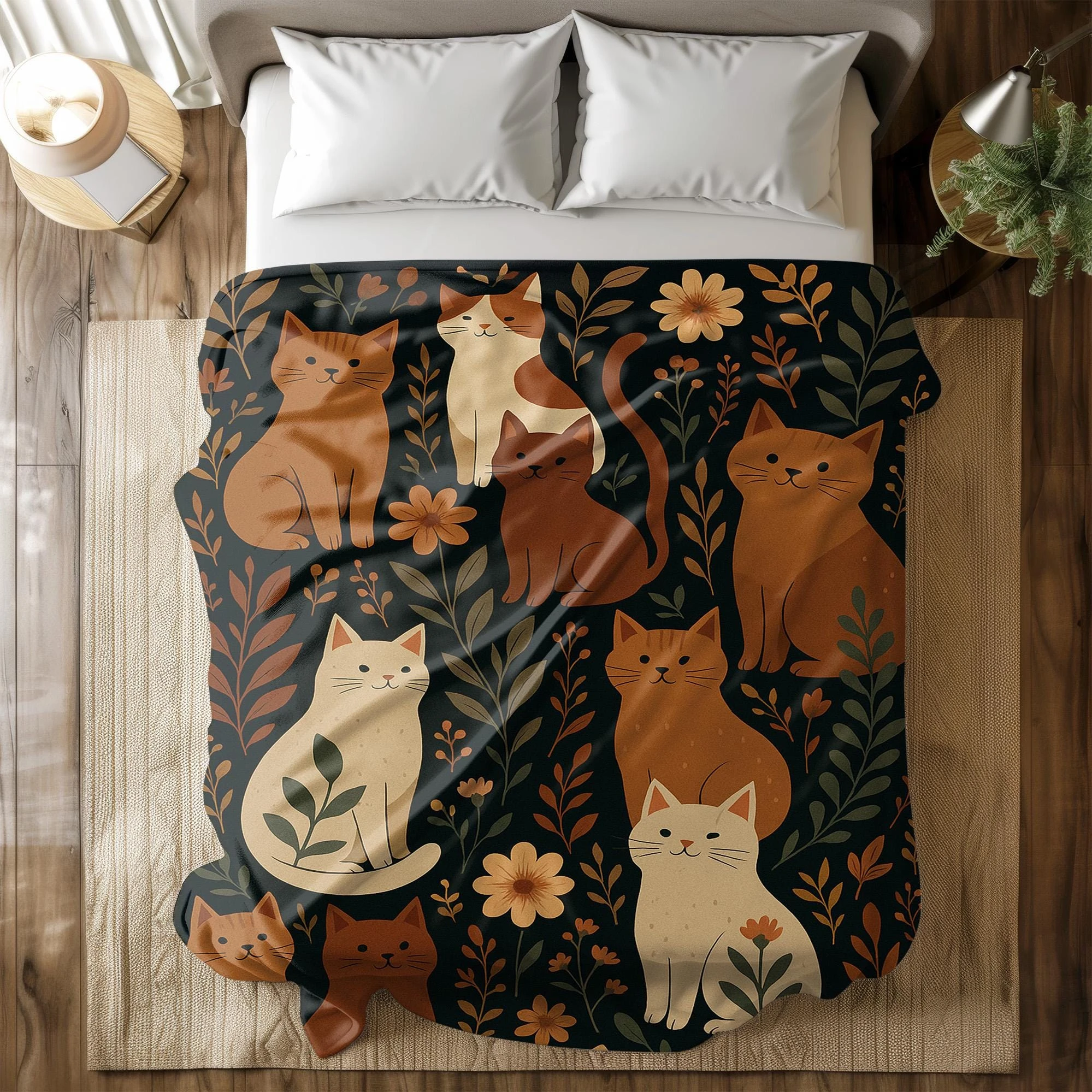 Retro Cat Floral Fleece Blanket Dark Background Vintage Plant Print Soft Flannel Fabric for Sofa Bedroom Warm Gentle Cozy Lovely