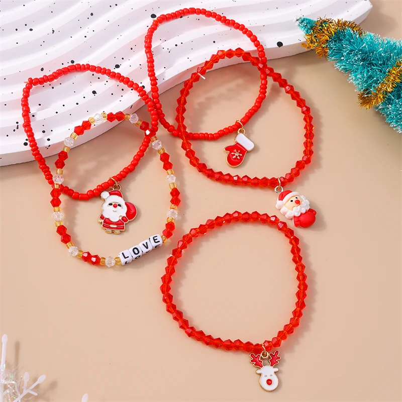 5-teiliges Set Bohemian Handgemachte Perlenarmbänder für Frauen, Weihnachts-Hirsch- und Weihnachtsmann-Anhänger-Armbänder, Festivalschmuckgeschenke für Mädchen – Detail 6