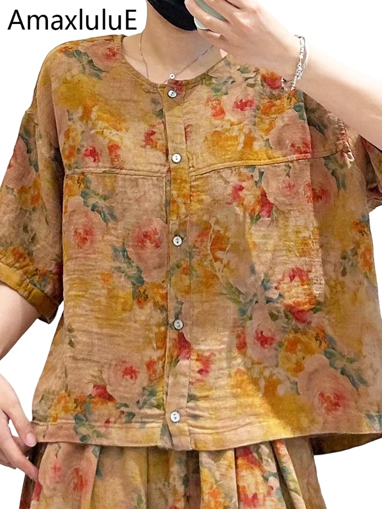 Amax LuluE 2026 Summer Vintage Classic Shirts Ladies British Design Loose Floral Tops Womens Fashion Causal Cotton Linen Blouses