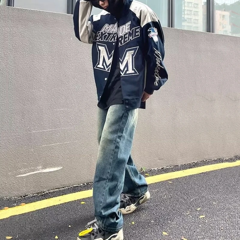 

Мужские джинсы-брюки свободного кроя в стиле ретро, прямые широкие штанины, большие размеры, осенне-зимние, модные, брендовые, Ins Sle