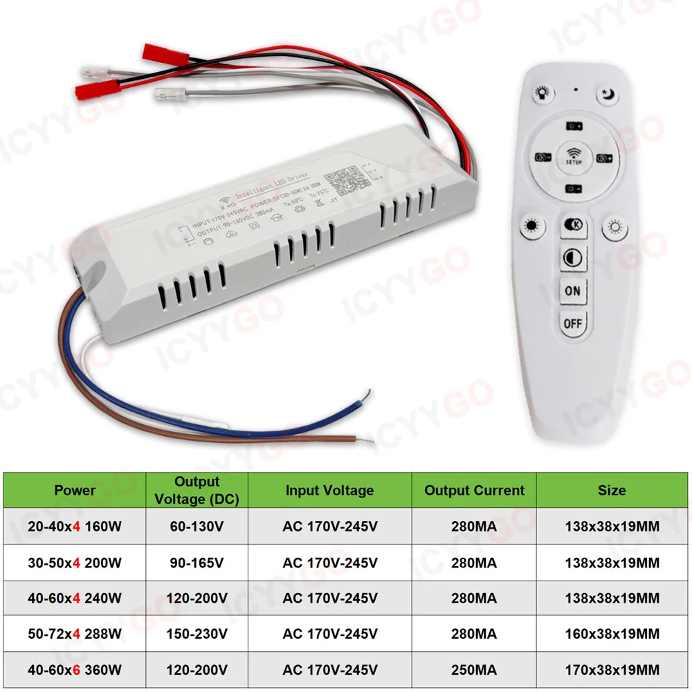 AC220V 2.4G Smart LED Driver Remote Control 40-60W 30-50W 50-72W X4 X6 280mA Tri-color Dual Output Lighting Dimming Transformer