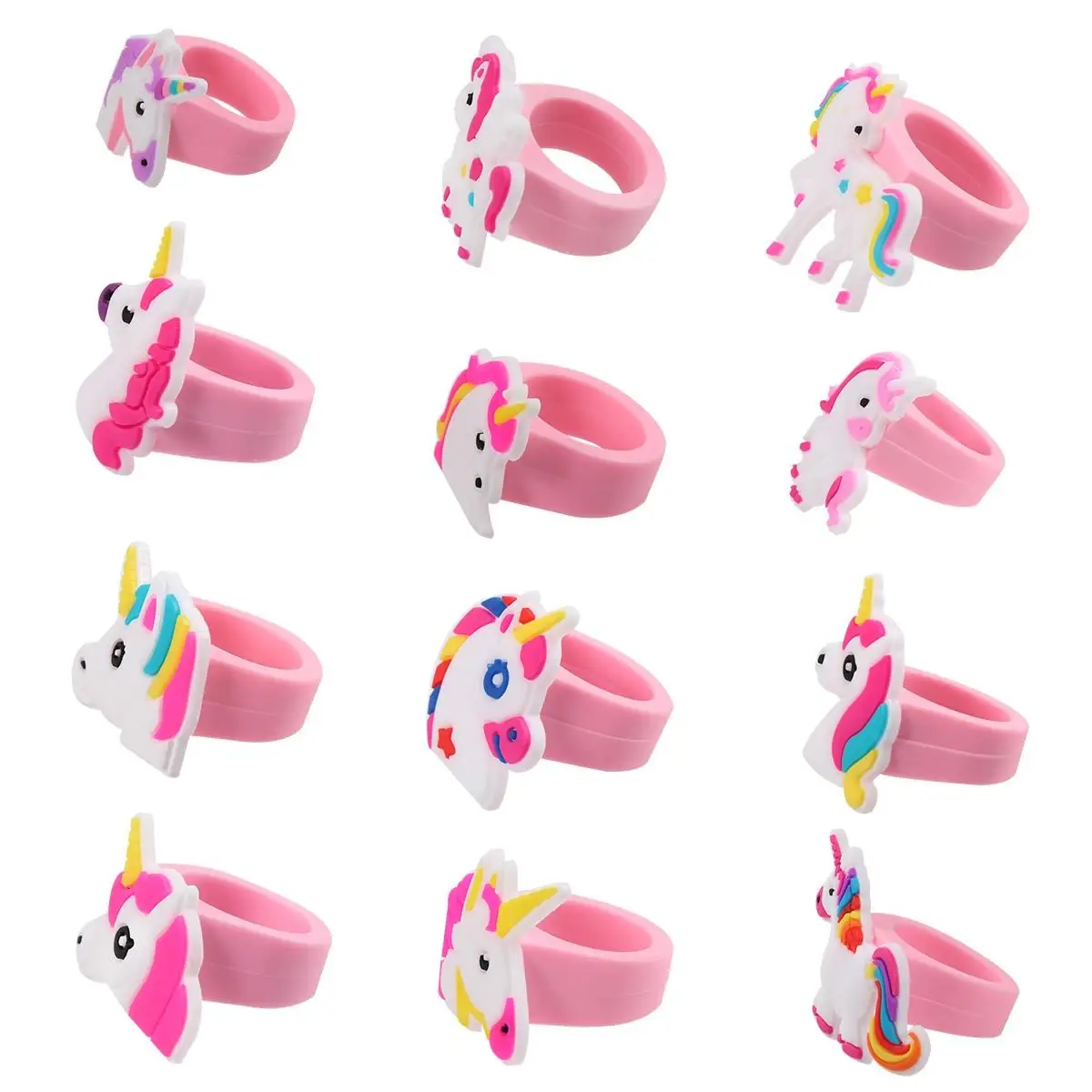 

12PCS PVC Children Rings Adorable Unicorn Shape Rings Decorative Jewelry Birthday Party Favors presents for Kids