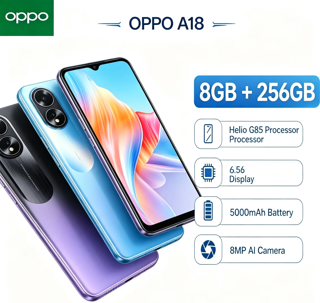 High‑Demand 2026 OPPO A18 Unlocked Dual‑SIM Android Handset 8GB RAM 256GB ROM 6.5'' HD+ Screen MediaTek Helio P35 Octa‑Core