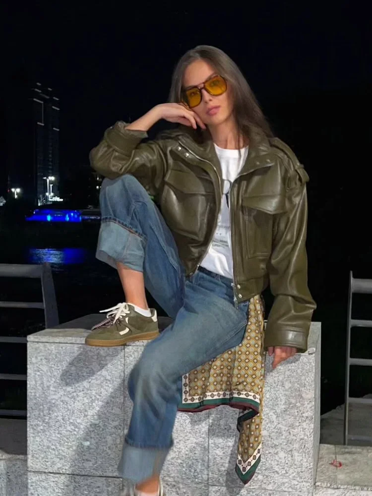 Giacca da donna allentata in pelle Pu da strada Moda tinta unita manica lunga colletto alla coreana cappotti monopetto cappotto da donna autunnale 2025