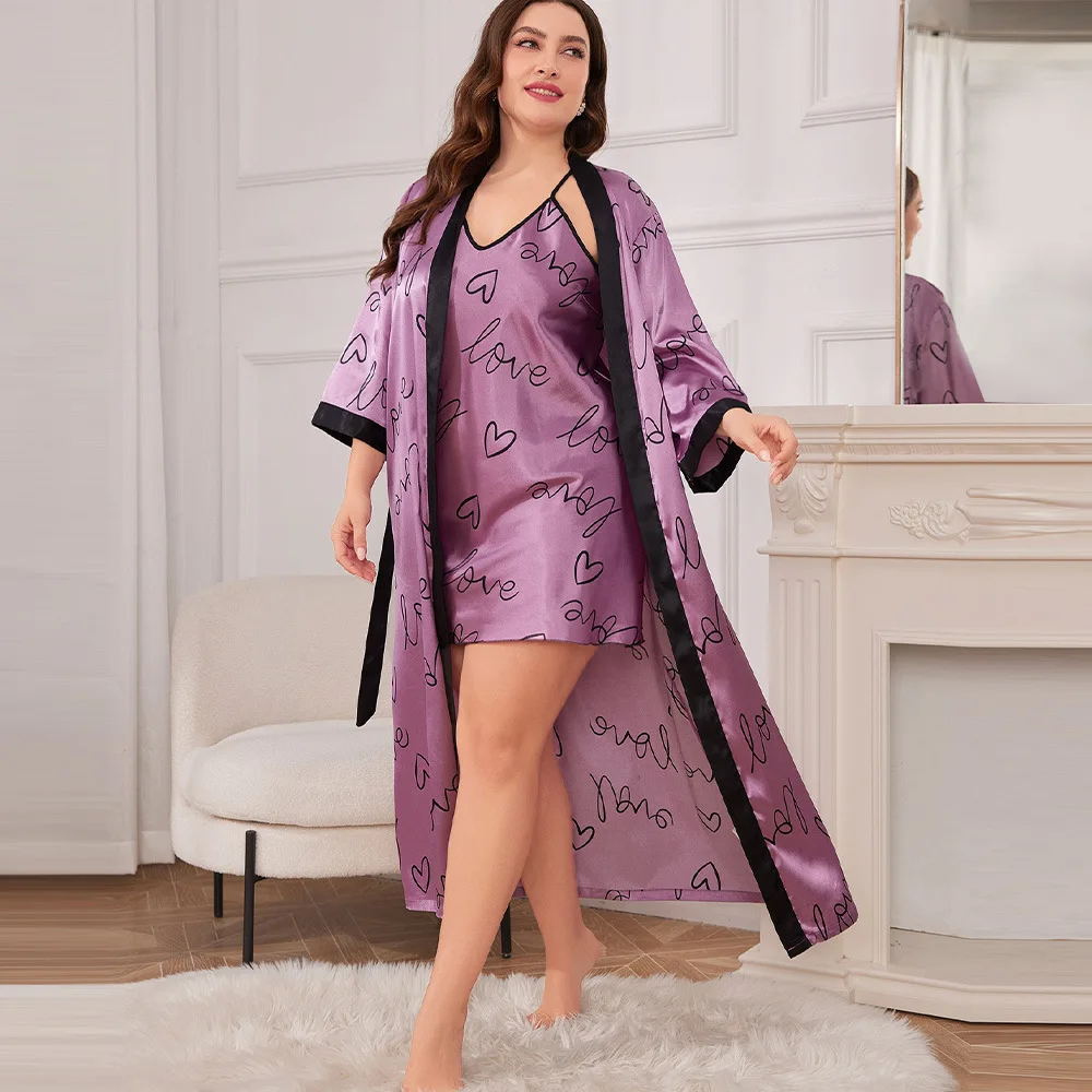 Loose Casual Silk Satin Home Wear Women Plus Size 5XL Sleepwear Minimalist Printed Nighty&Robe Set Spring Summer Long Bathrobe