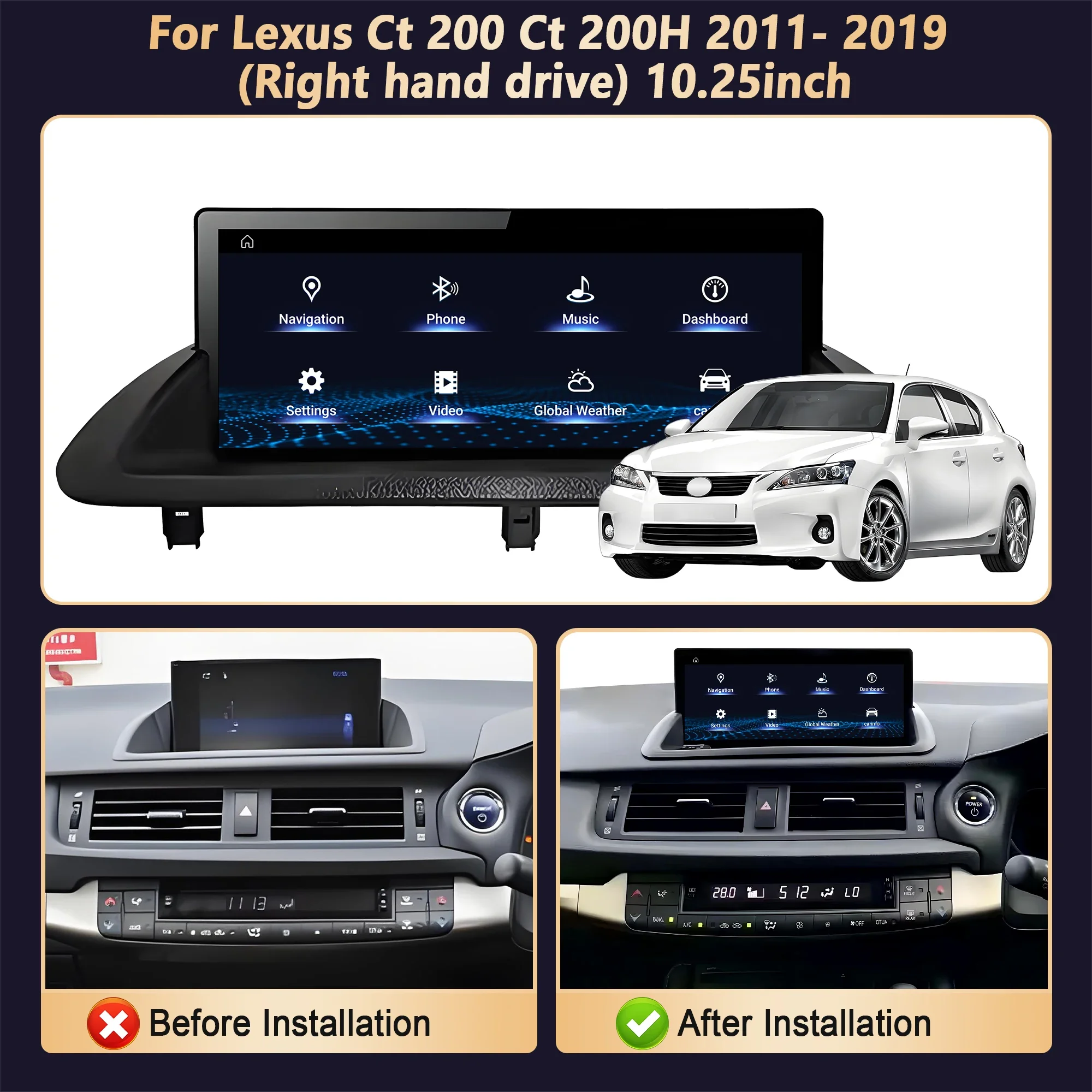 10.25 inch Right Hand Drive For Lexus Ct 200 Ct 200H 2011- 2019 Carplay Car Radio Android 14 Snapdragon 680 Split Screen GPS BT