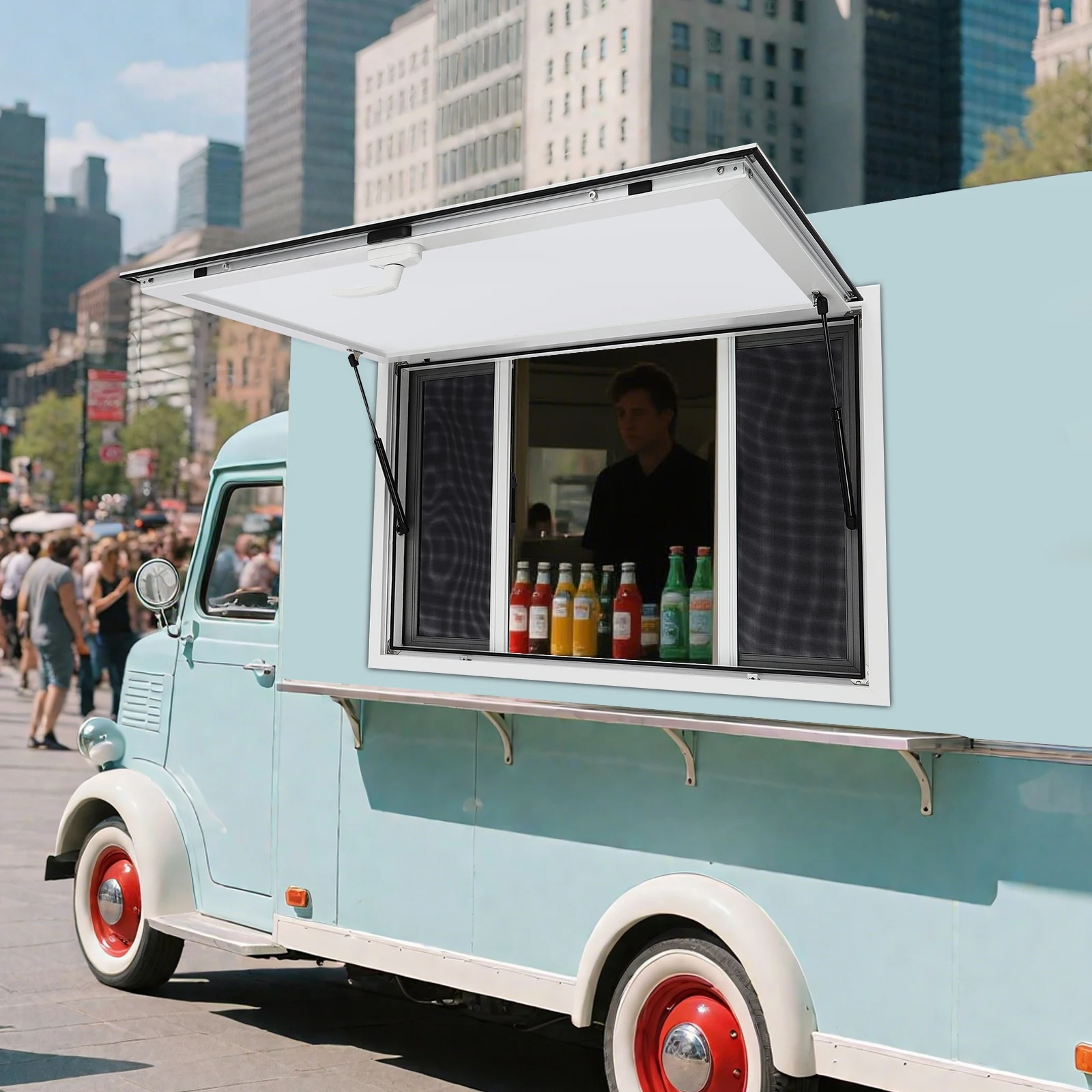 Upgrade Your Food Business!4-Screen Wall Mount Concession Window with Smooth Pneumatic Lift, Ideal for Ice Cream&Hot Dog Stands