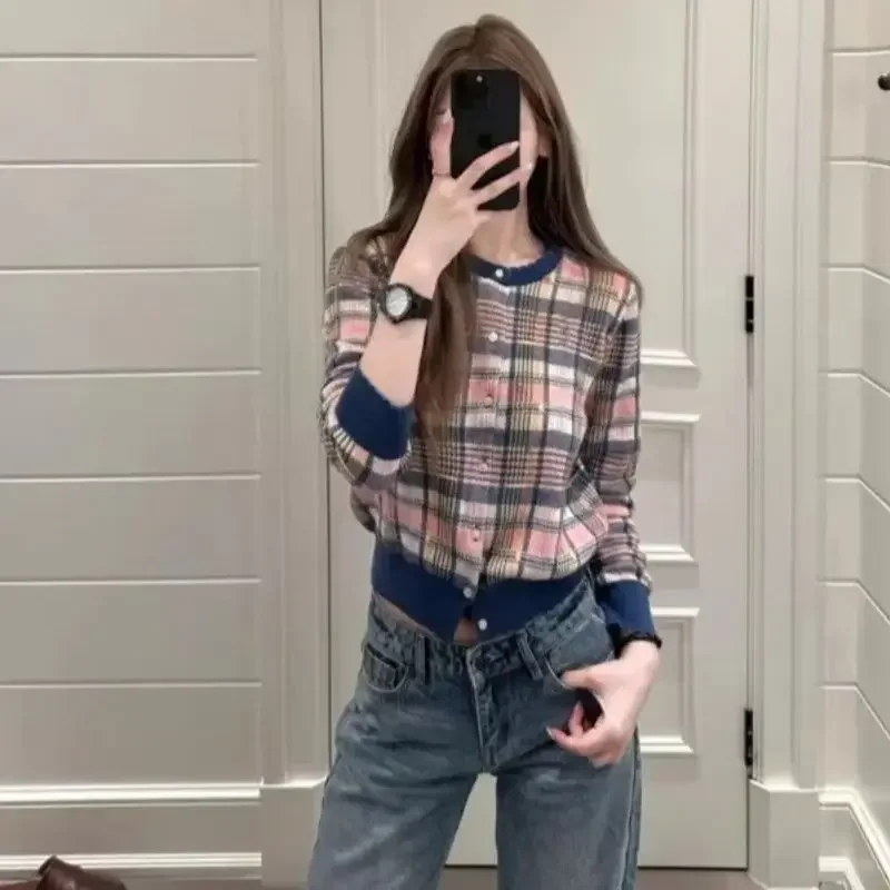 جديد Preppy منقوشة سترة مشغولة من الصوف المرأة موضة عادية س الرقبة طويلة الأكمام سترة قصيرة سترة التباين اللون تريكو