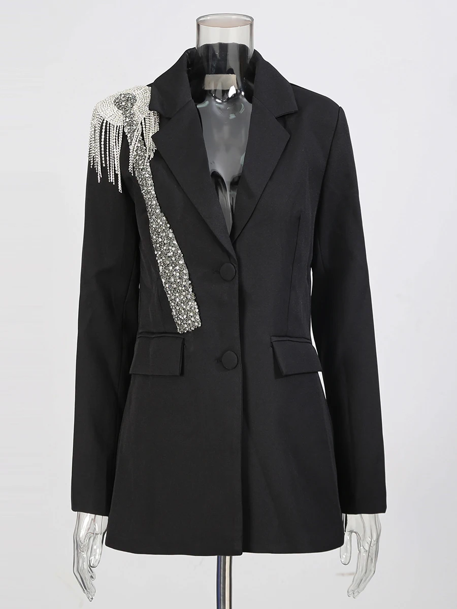 CHICEVER Black Spliced Diamonds Tassel Basic Jacket Female Lapel Long Sleeve Elegant Women's Jackets Autumn Fashion New Style