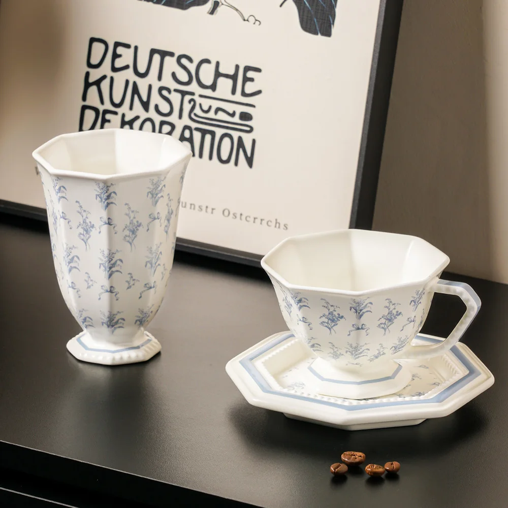 

Французская керамическая чашка с узором Lily Valley, набор блюдец, восьмиугольная форма, кофейная тарелка, свежий пасторальный стиль, простой дизайн, чашки для домашнего офиса