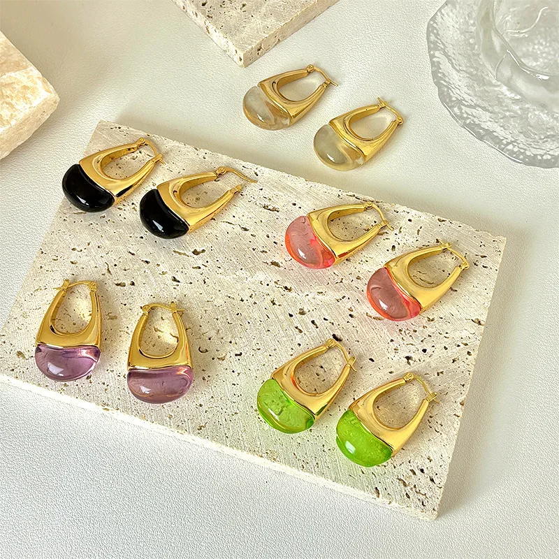 1 Pair Colorful Fresh Style Elegant U Shaped Hoop Earrings Trendy Golden Alloy Multicolor Resin Earring Jewelry Women for Winter