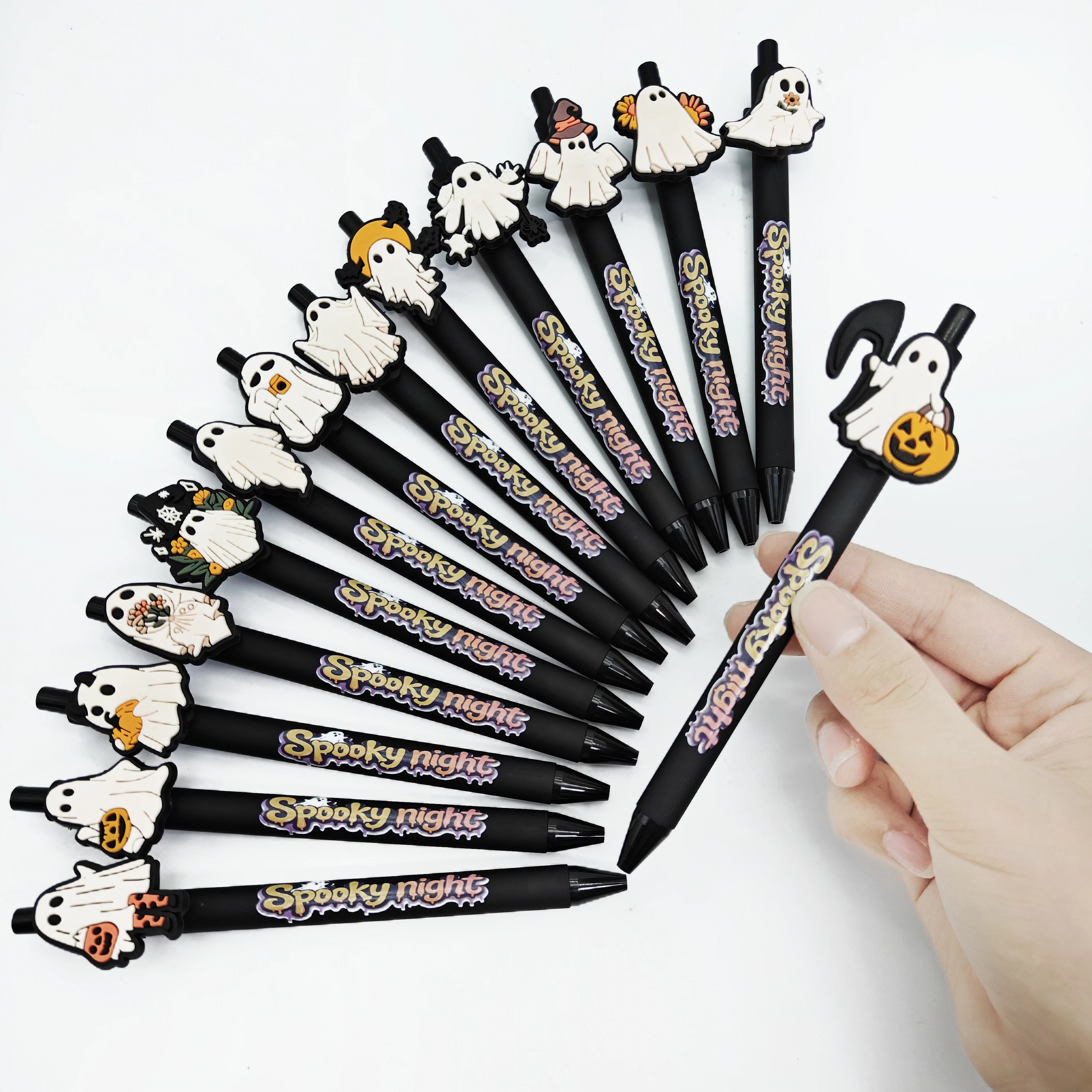 20PCS Halloween Funny Ghost Theme Printing Pen, Black Series Ballpoint Pen, Student Signature Gift Pen