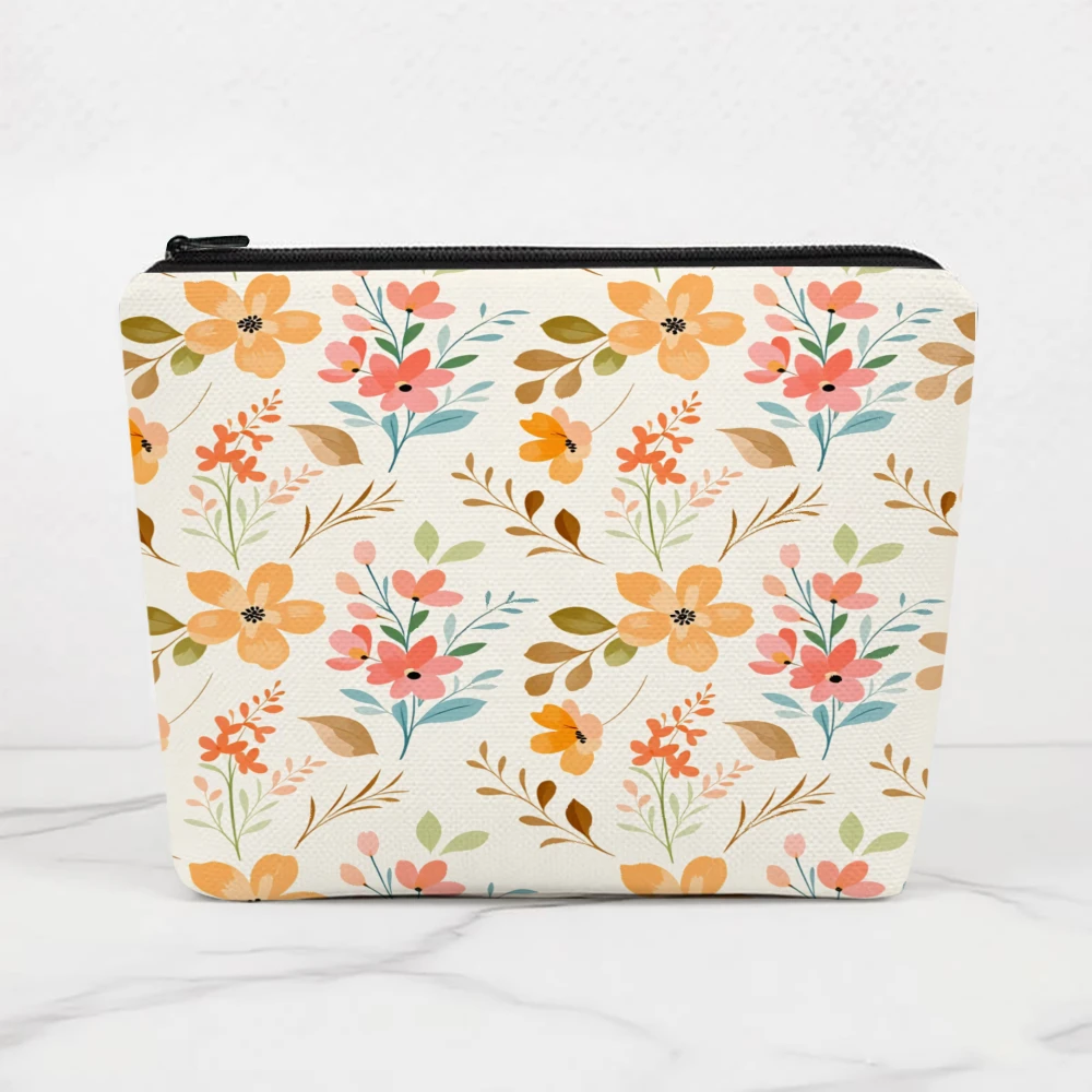 Floral Pattern With Orange And Pink Flowers Makeup Bags for Girls Cosmetic Pouch Toiletry Bag Pencil Case Travel Storage