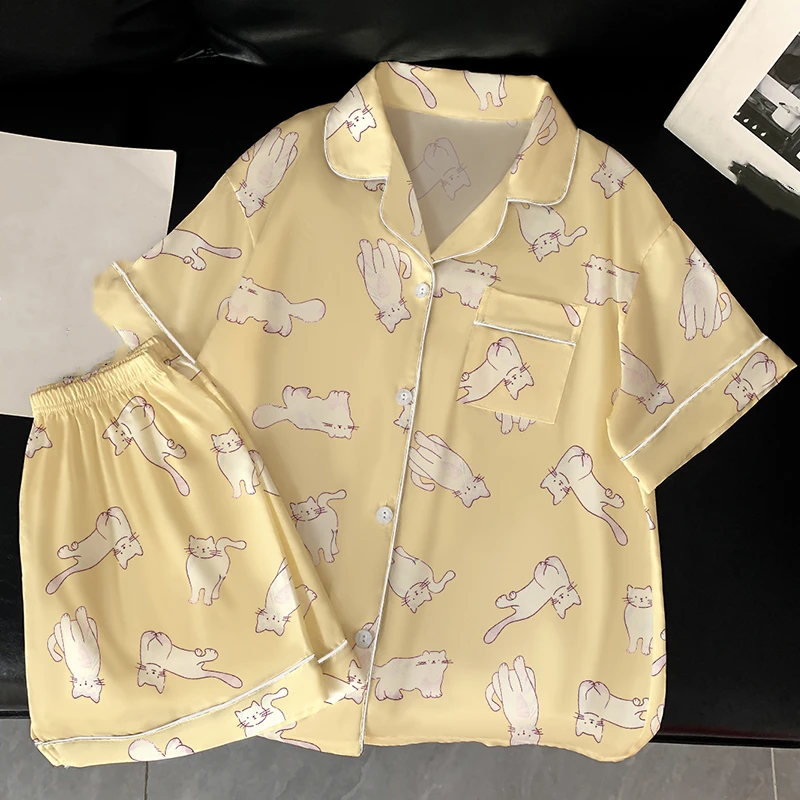 Conjunto de pijamas con estampado Kawaii de conejo para mujer, pijamas informales de estilo coreano para mujer, ropa de descanso corta a la moda