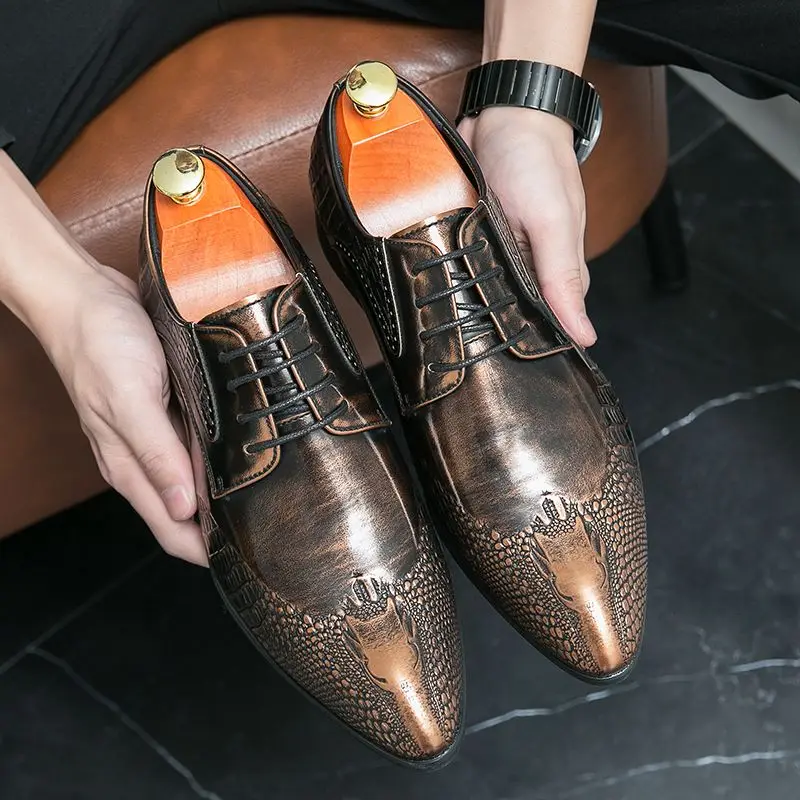 

2023 New Men's Crocodile Dress Leather Shoes Lace-Up Wedding Party Shoes Mens Business Office Oxfords Flats Men Fashion A157