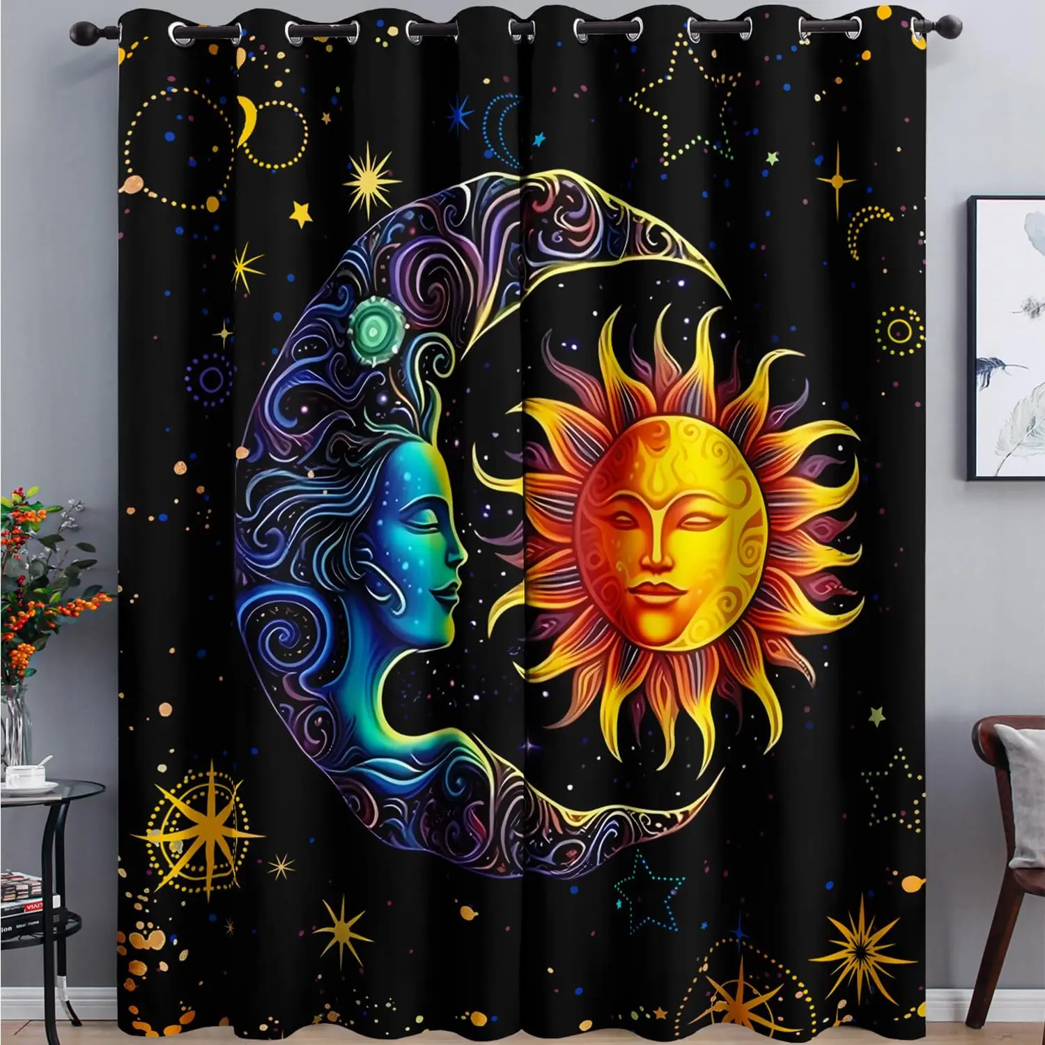 AILONEN Sun and Moon Boho-Chic Window Curtains, 2 Panels, 38