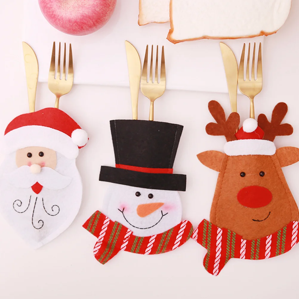 

3pcs Christmas Cutlery Holder Snowman Tableware Pouch Santa Hat Utensil Storage Bag Elk Decor Silverware Pocket