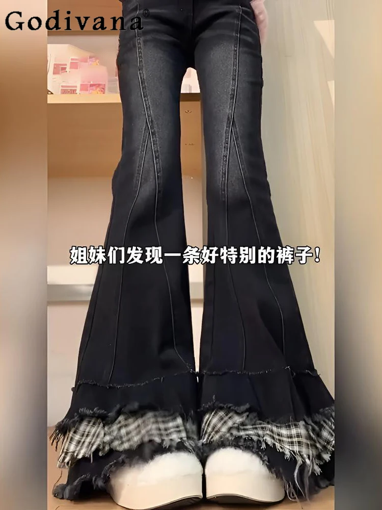 

Large Size Retro Plaid Splicing Women High Waist Micro-pull Jeans New Spring Sweet Cool Black Slim Leisure Versatile Trousers