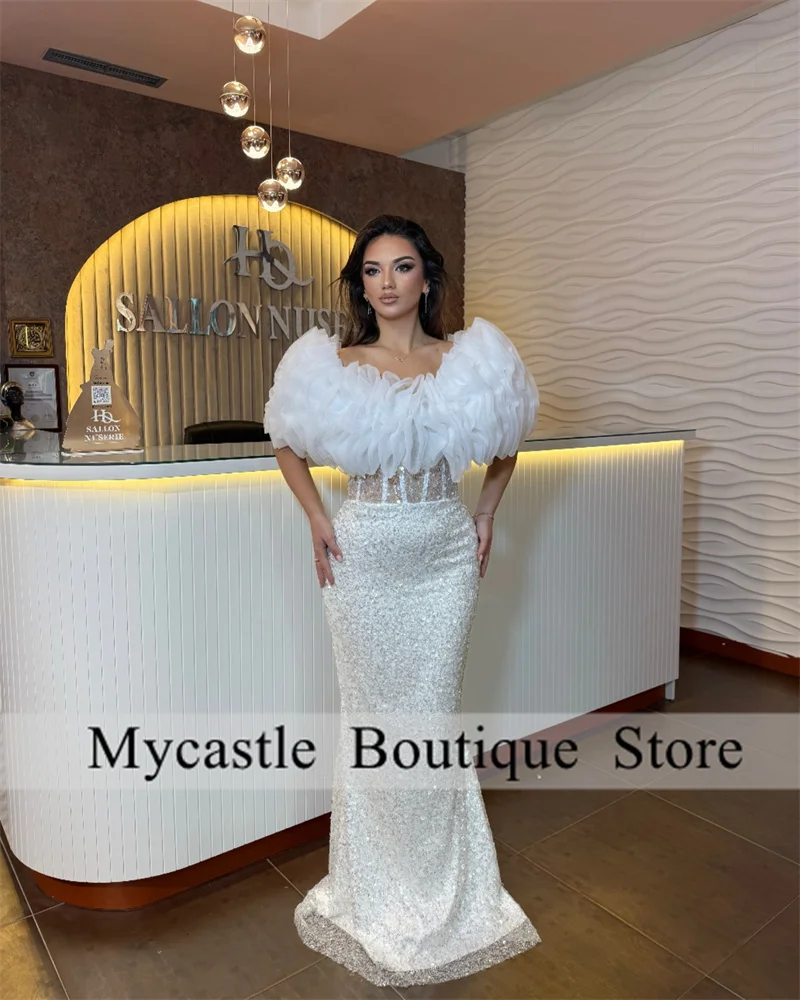 White Sequins Lace Puffy Sleeves Evening Dresses 2025 Beaded Mermaid Prom Dress Long Personalized Birthday Party Gown Customized