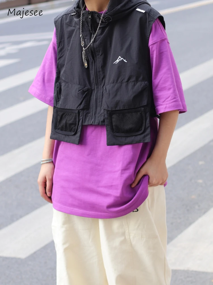 Hooded Vests Men Waterproof Cozy Breathable Solid Outer Safari Style Leisure All-match Japanese  Pockets Cropped Handsome