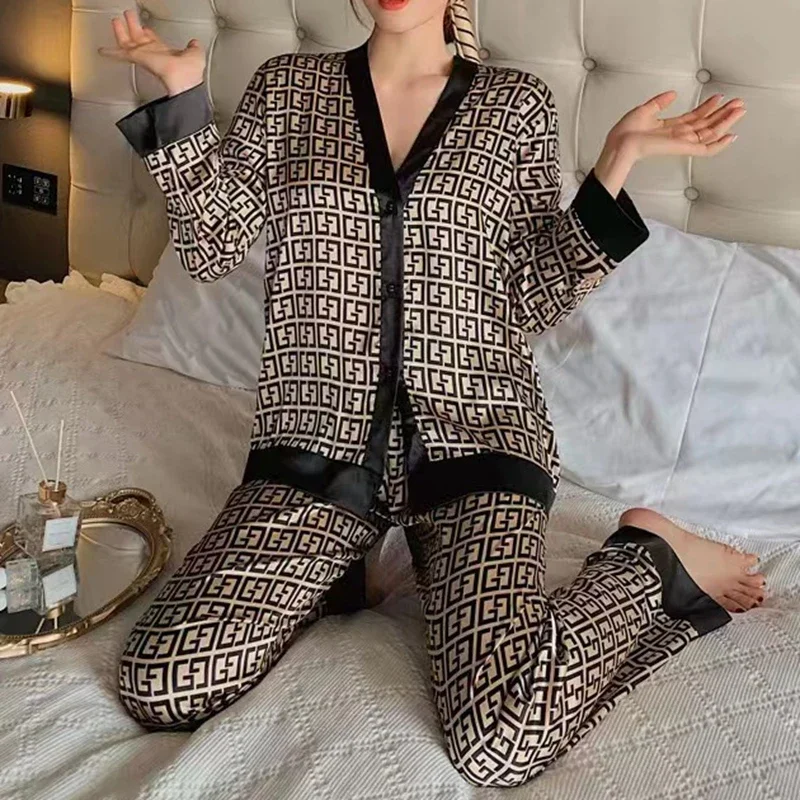 Ladies Pajamas Spring Autumn Faux Silk Pajama Sets Long Sleeve Cardigan Sleepwear Luxury Women\'s Pijamas Fashion Pyjamas