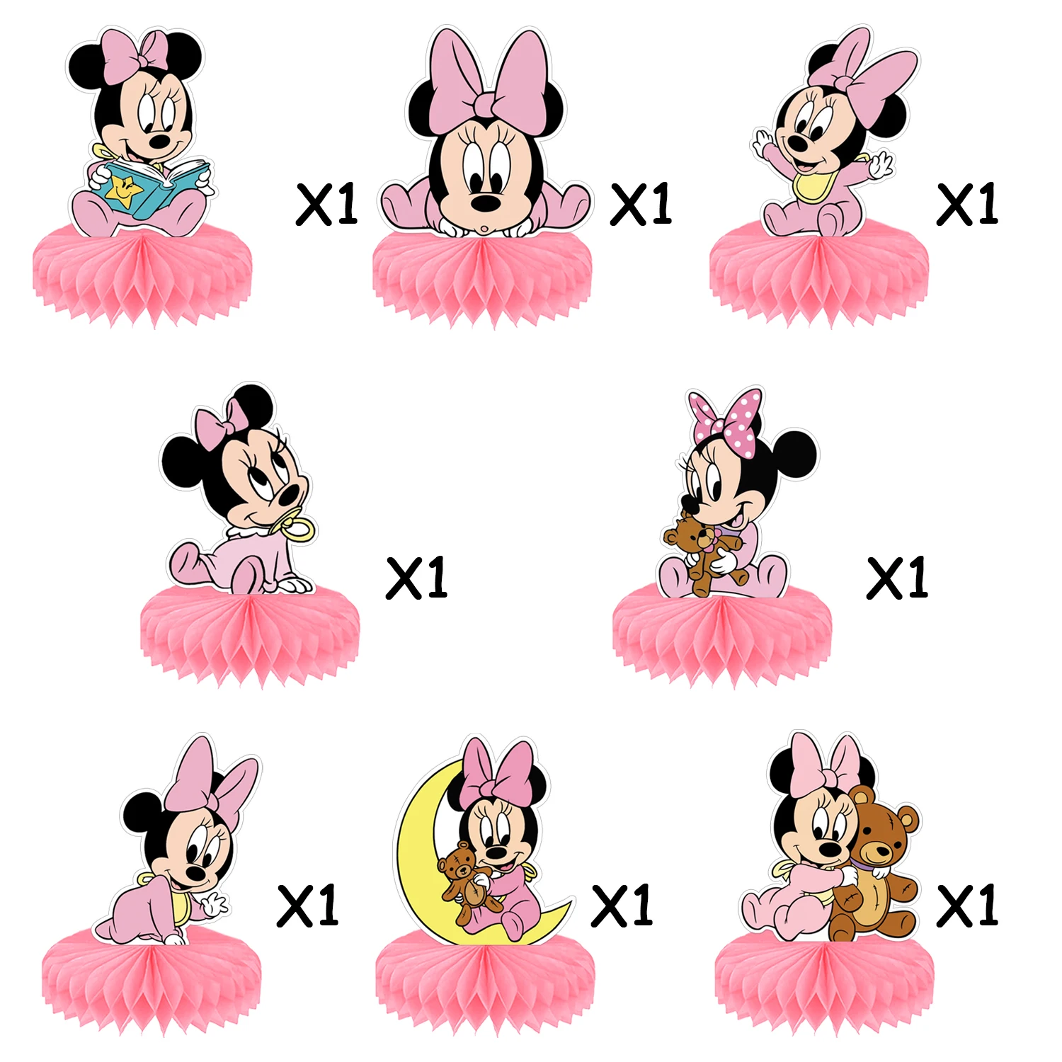 8Pcs Minnie Mouse Honeycomb Centerpieces Table Topper for Birthday Party Decoration Double Sided Cake Topper Party Favor Gifts