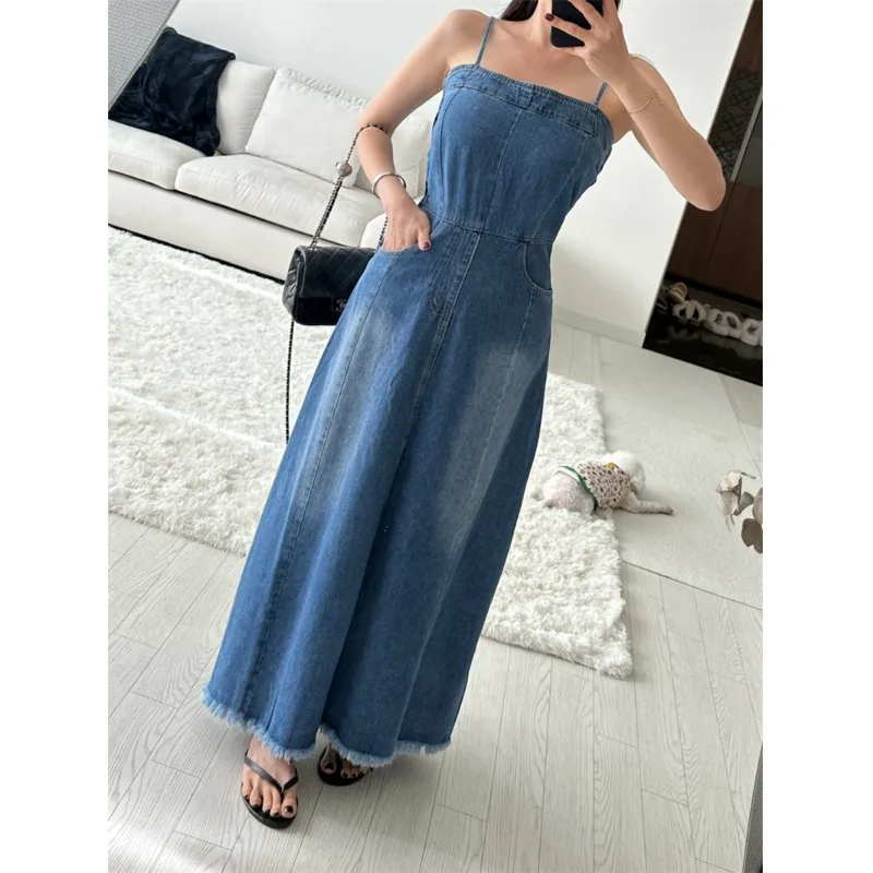 

Summer 2026 Chic Fashionable Versatile Strapless Waist Cinched Denim Long Dress Maxi Skirt High Waist A-Line Casual Cotton