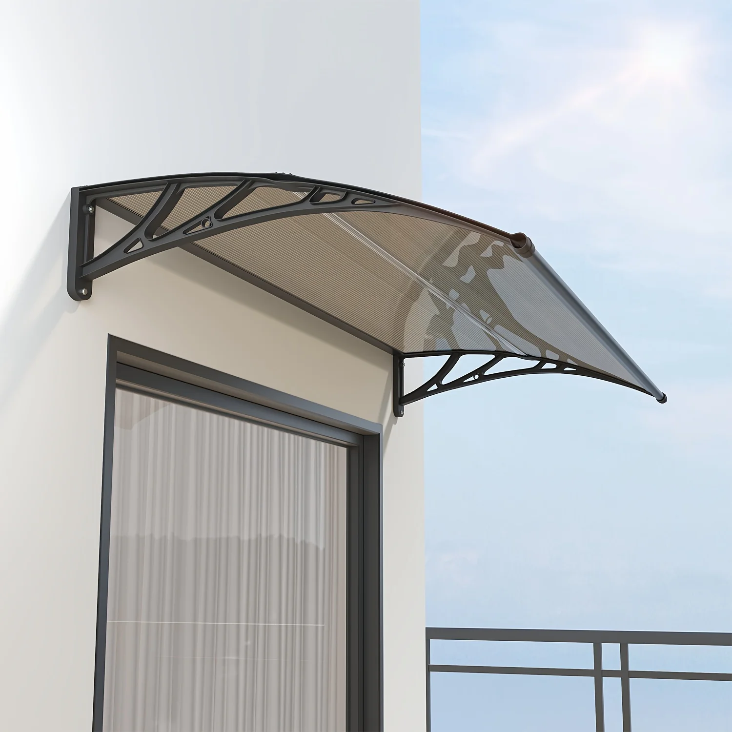 Window Awning Canopy for Doorways 60cm x 80cm Outdoor Overhang Awnings Black Bracket Brown Panel Polycarbonate Roof Cover