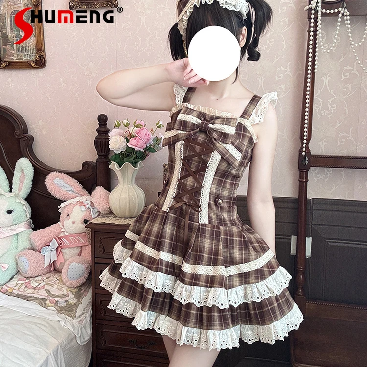 

Original Lolita Cute Sweet Plaid Dress Anime Style Kawaii Bow High Waist Y2k Princess Lolita Dress Spring and Autumn Vestidos