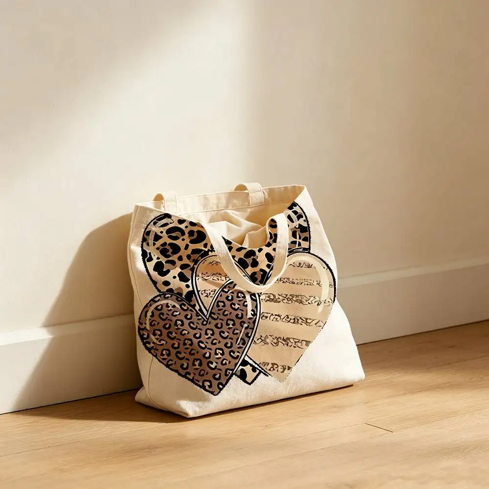 Fashion Leopard Heart print Canvas Tote Bag Waterproof Lining Large Capacity Reusable Shopping Bags Casual Student Daily Handbag