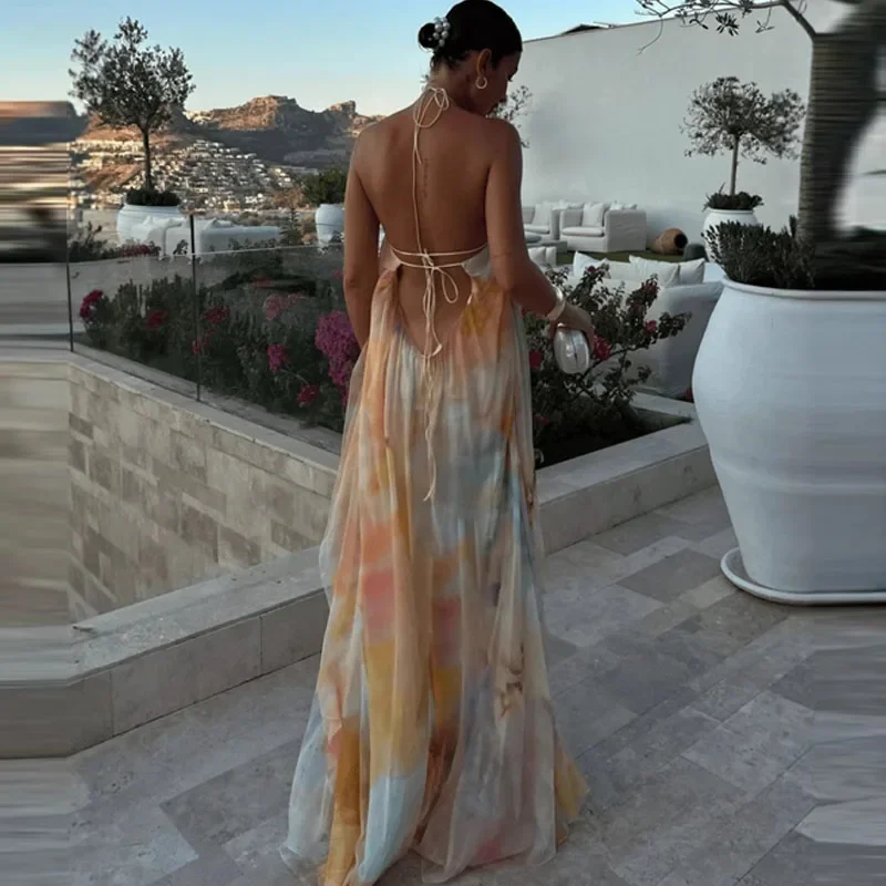 

Women Fashion Pattern Print Loose Bohemian Dress Sexy Backless Hollow Party Dress Elegant Halter Sleeveless Vacation Long Dress