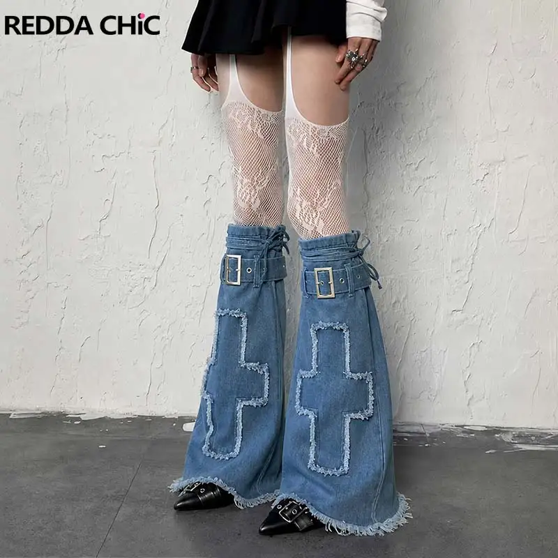 ReddaChic Y2k Cross Patched Leg Warmers Women Vintage Knee Long Raw Hem Strappy Flared Denim Boots Cover Cowgirl Accessories