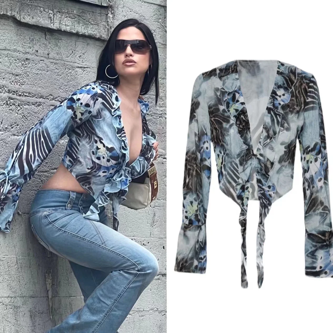 

Сексуальный дизайн irt с принтом, чувственный V-ne Long Sve, женский комплект из смеси шелка с цветочным узором, стандартный крой