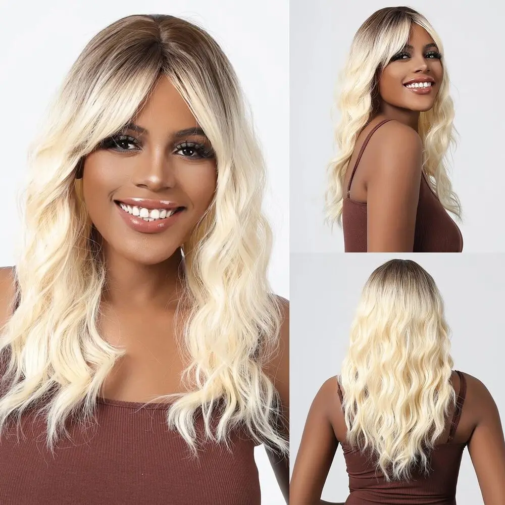 Long Wavy Platinum Synthetic Women Black to Blonde Daily Natural Wigs