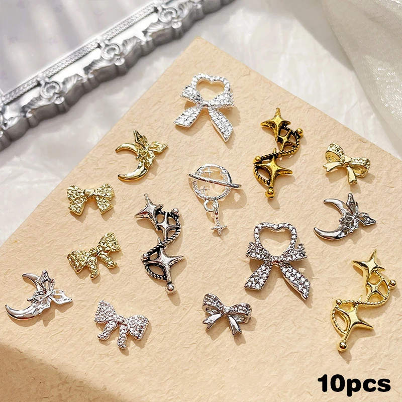 10Pcs 3D Butterfly Alloy Nail Charms Bow-knot Design Jewelry Luxury Gold Silver Hollow Nail Art Decoration Accessories