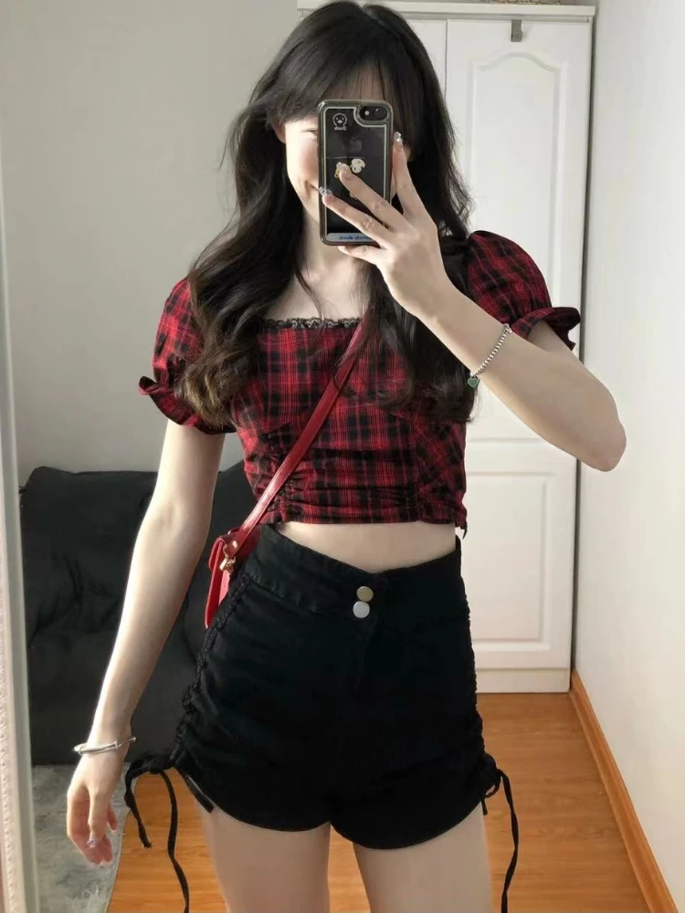 Crop T-shirts Women Plaid Classic Retro Design Fashion Korean Style Slim Sexy Puff Sleeve Sweet Summer All-match Ladies Shirring