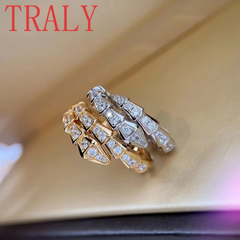 18K Real White Gold/Rose Gold Snake Bone Ring Inlaid Natural Full Diamond Open Wedding Bands Women's Fashion Trend Jewelry Gift