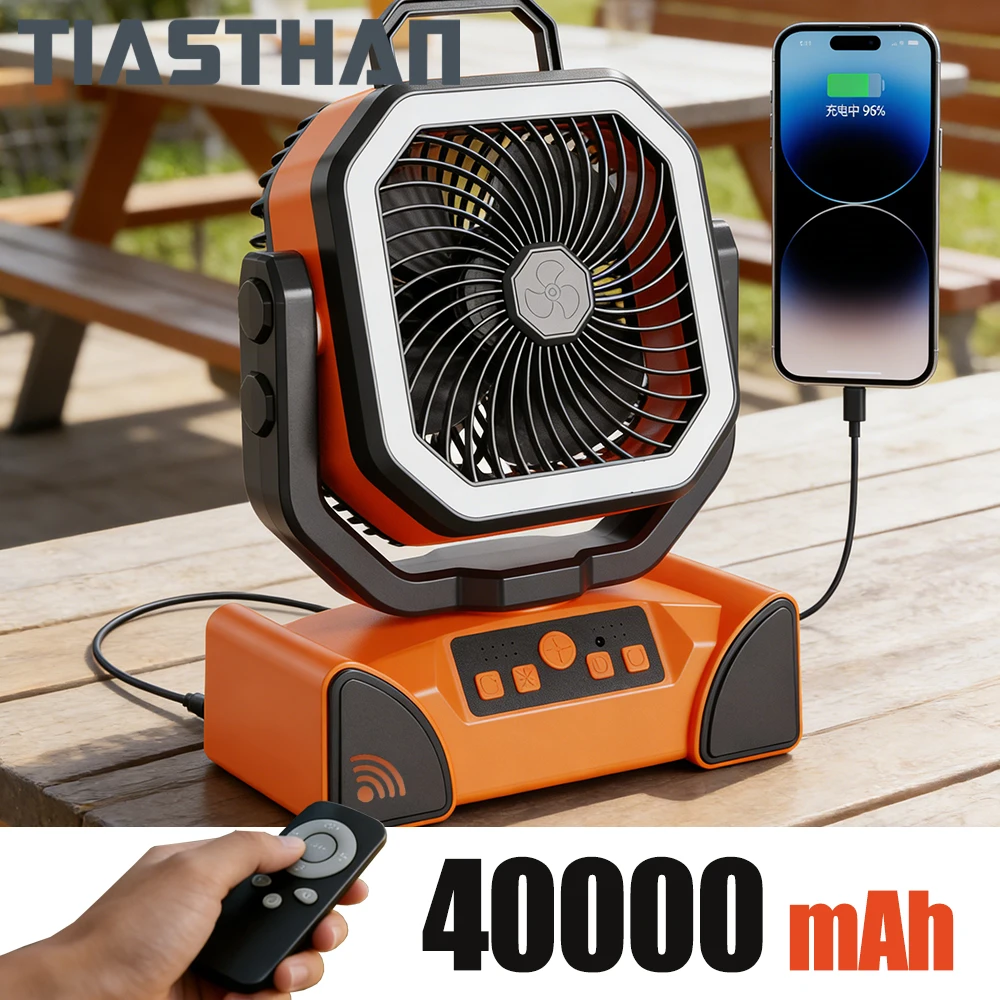 Ventilador LED eléctrico portátil de 30000mAh con luz, para acampar al aire libre, con gancho, carga USB, ventilador de escritorio para senderismo, pesca, picnic, emergencias