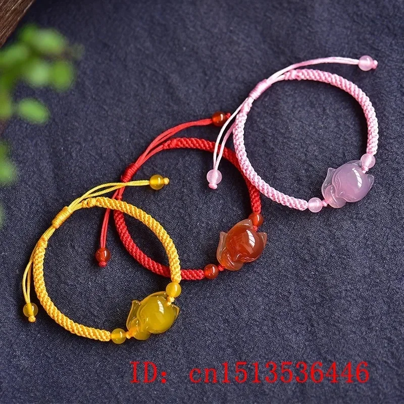 

Chinese Natural Pink Red Yellow Agate Chalcedony Jade Fox Elastic Bracelet Jewellery Hand-Carved Relax Healing Women Gift Amulet