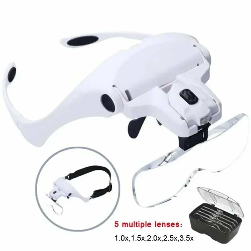 Gorący bubel Szkło powiększające LED Light Head Lupa Jubiler Zegarek Jasna lupa z 5 obiektywami