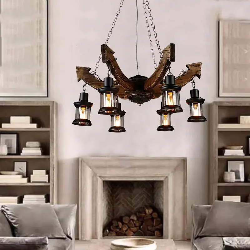 

Wooden pendant light Restaurant Retro Pendant Lamp American Industrial Chandelier Farmhouse Hot Pot Shop Bar Hanging Lamps